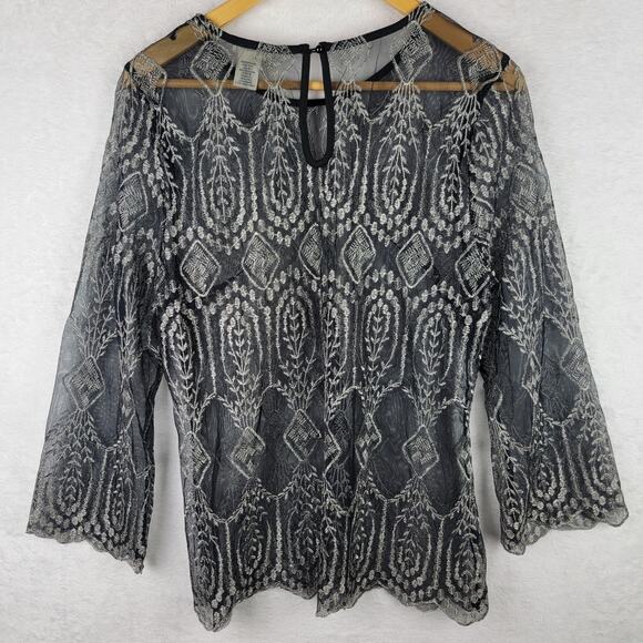 Whimsigoth L Top Sheer Long Sleeve Pullover Black Silver Metallic Dark Romantic - Picture 6 of 10
